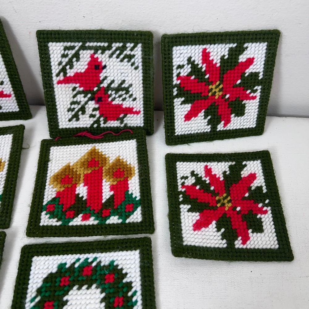 8 Handmade Christmas Needlepoint Coasters Cardinals Poinsettias Wreaths Candles - Picture 4 of 5